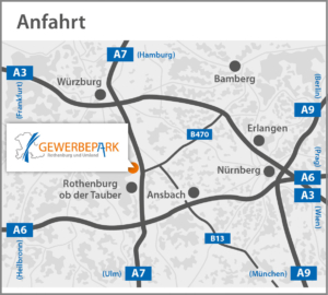 Anfahrtsskizze mit den wichtigsten überregionalen Zufahrtsstraßen