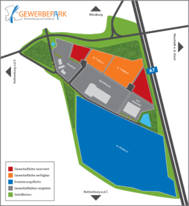 Plan des Gewerbeparks mit der Markierung der verfügbaren Flächen